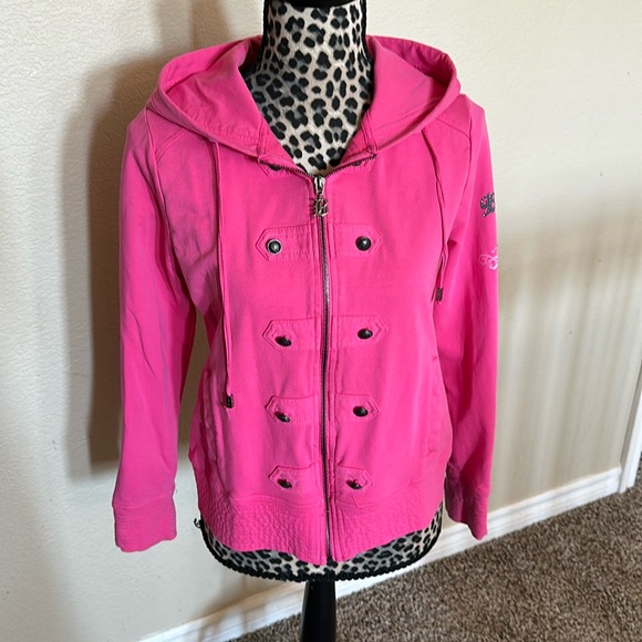 Women’s BCBG pink jacket with hoodie, cross/embellishments, size L - Picture 4 of 14